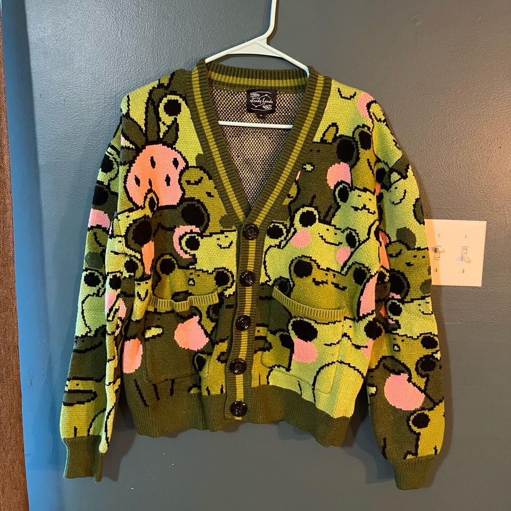 Steady hands at my lily pad frog print cardigan sweater